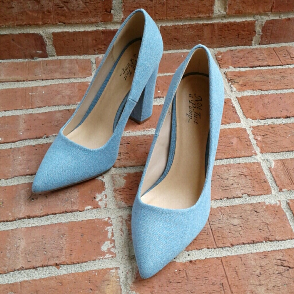 Not Just A Pump Blue Textile Block Heel Pumps